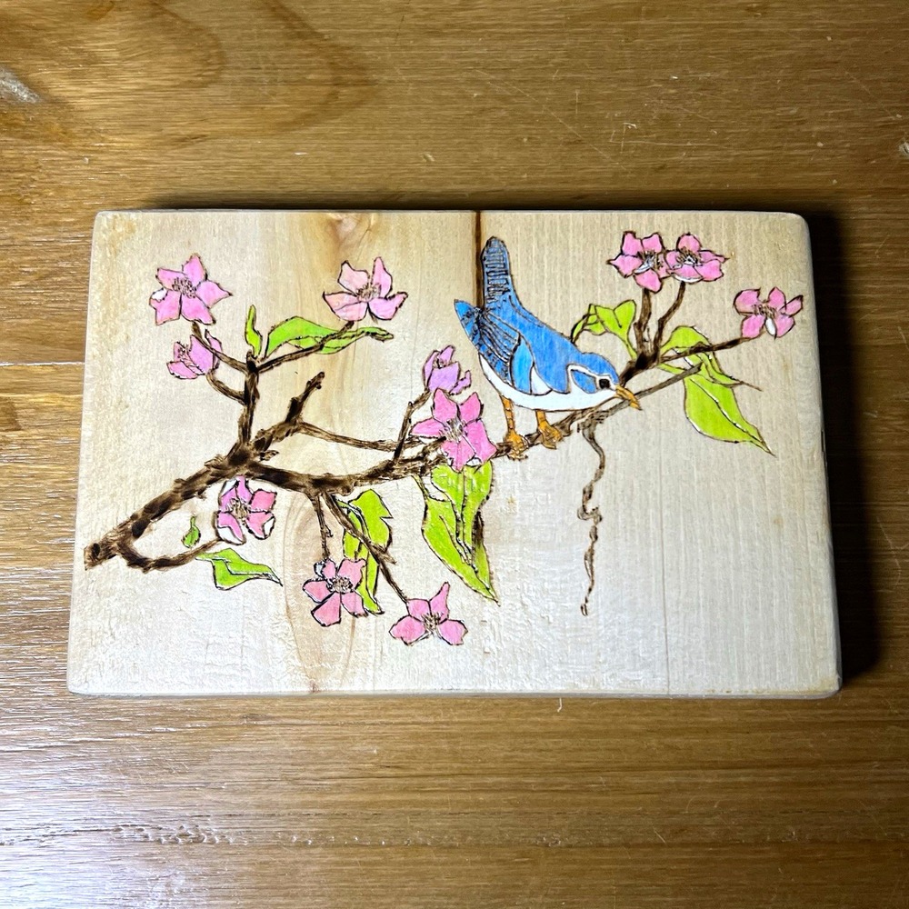 Vintage Wood Burned Bluebird Floral Wall Plaque Folk Art Pyrography Handmade 8x5